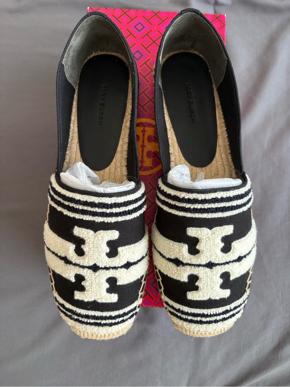Tory Burch Black and Cream Logo Espadrille Flats